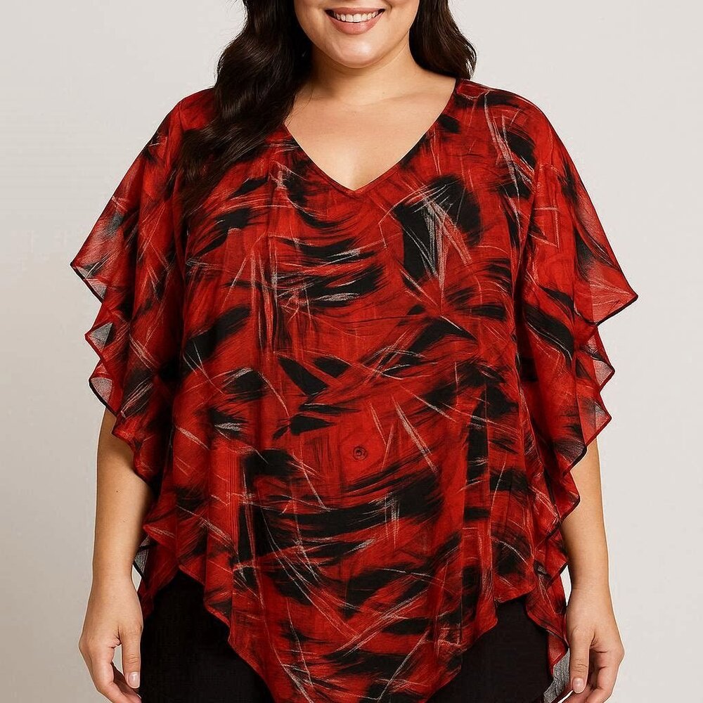 Womens Plus Sz 2X Dressy Red Chiffon Poncho Cape Overlay Blouse Top